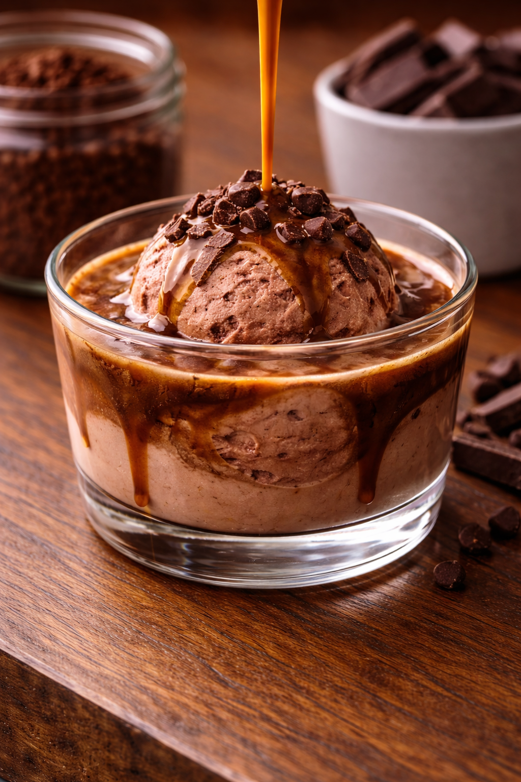 Chocolate affogato dessert with espresso poured over ice cream at a mobile coffee bar event