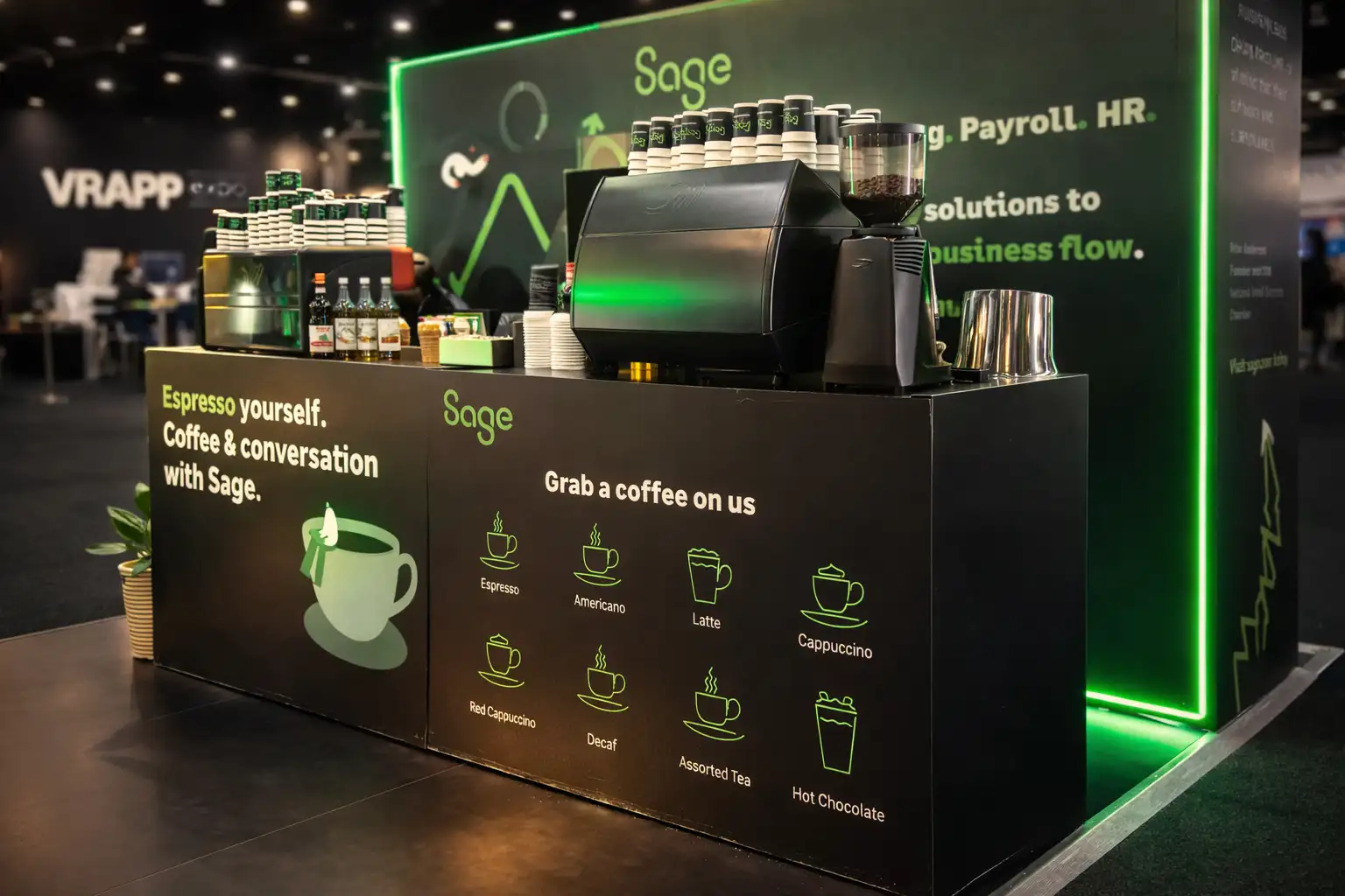 Mobile coffee bar setup at a corporate expo event in Johannesburg with espresso machine and branded counter