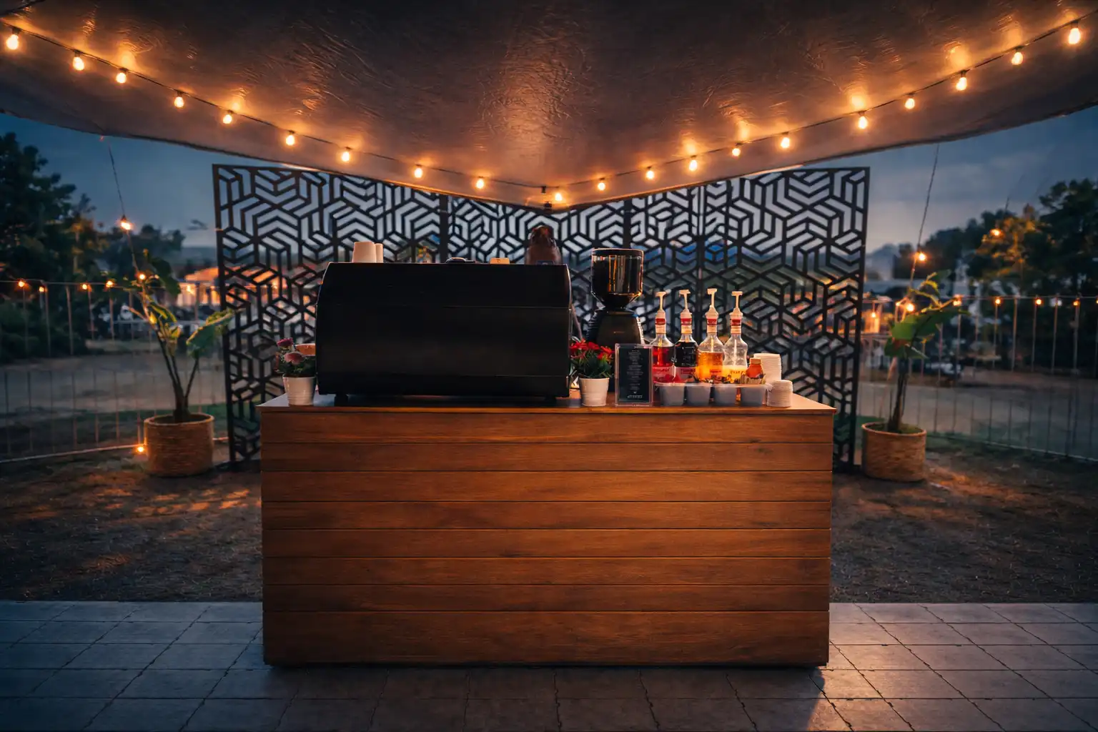 Mobile coffee bar hire Johannesburg outdoor event setup with barista and espresso machine