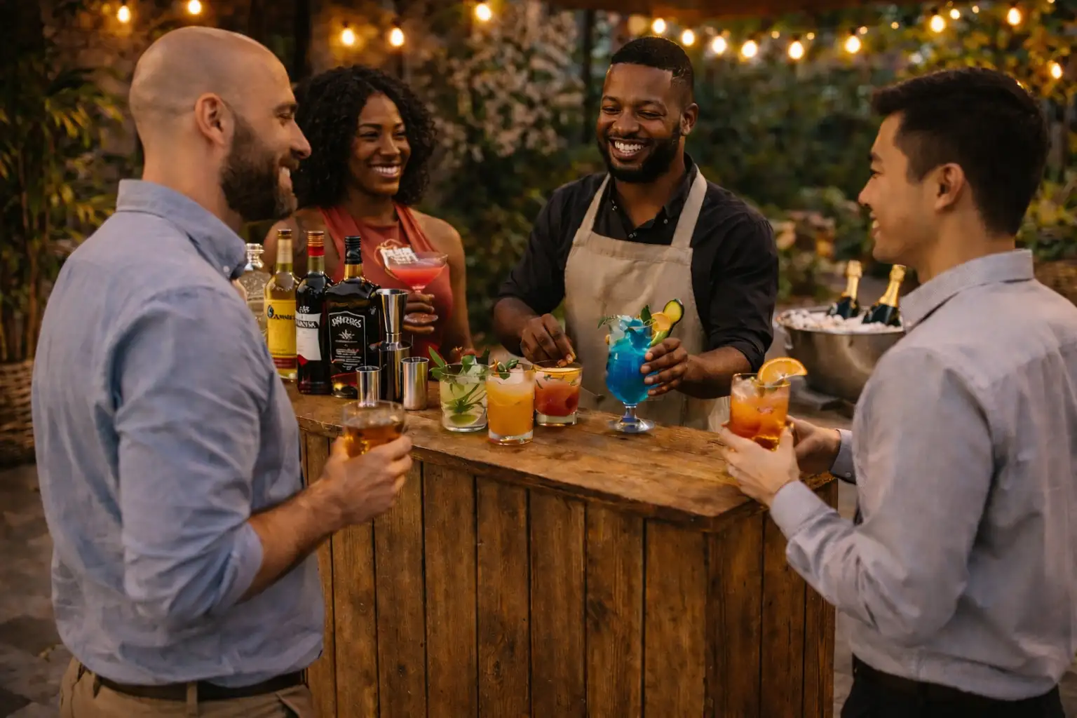 Guests enjoying cocktails at a mobile bar with bartender serving drinks at an outdoor event by Crafty Mobile Bars