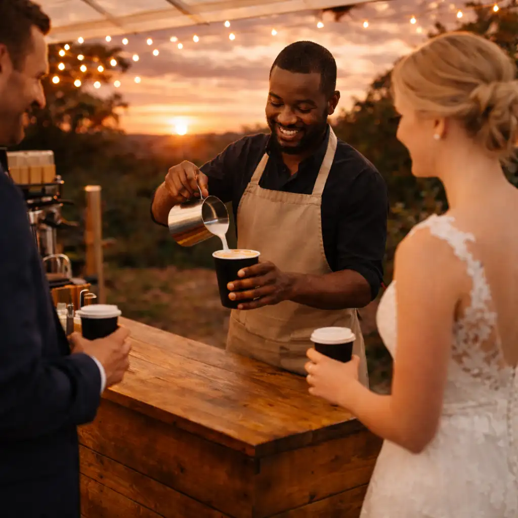 Professional barista serving coffee at a mobile coffee bar during a sunset event with fairy lights
