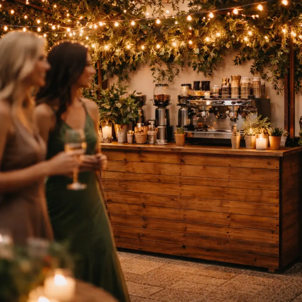 Visually striking mobile coffee bar setup at an outdoor event with wooden counter and warm lighting