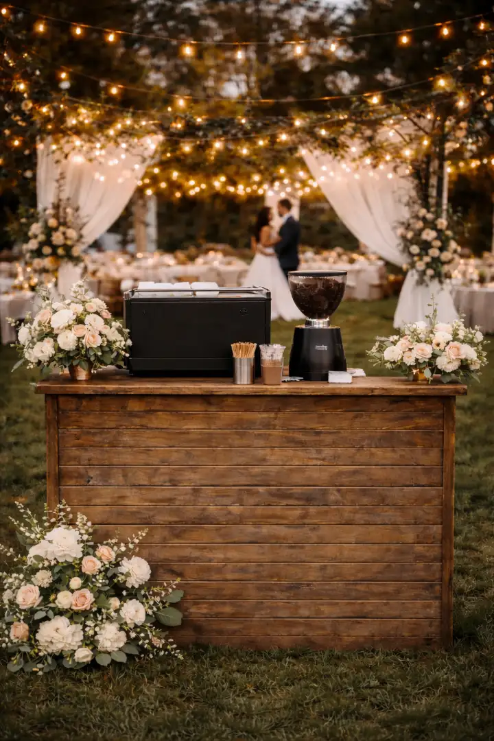 Mobile coffee bar setup at an outdoor wedding with espresso machine and rustic bar in Gauteng