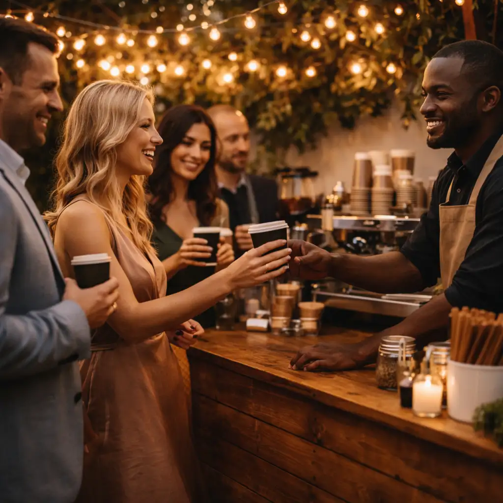 Guests enjoying a mobile bar experience at an event with coffee service