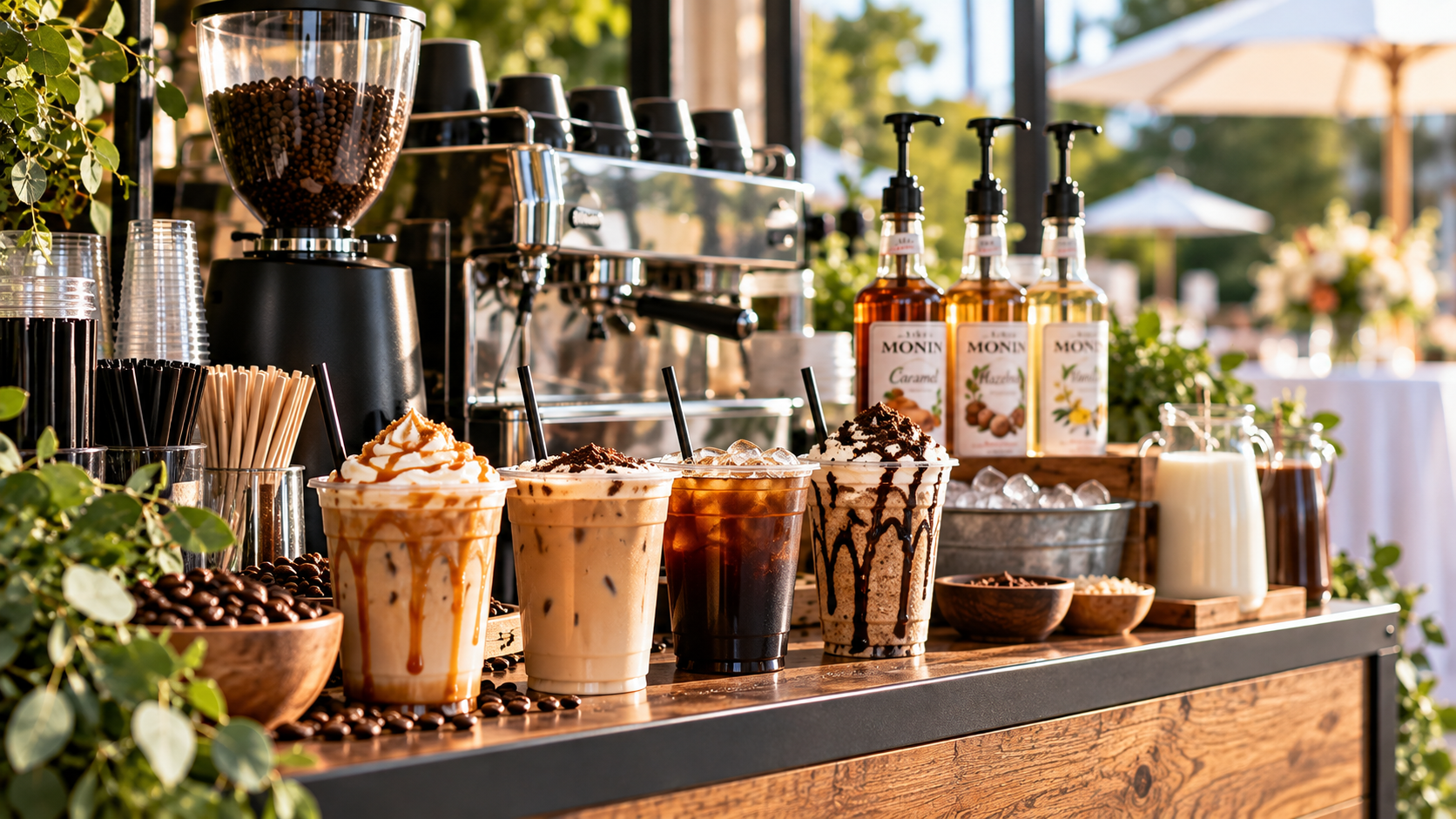 Iced coffee bar hire in Johannesburg with freshly prepared iced coffees, espresso machine and flavoured syrups
