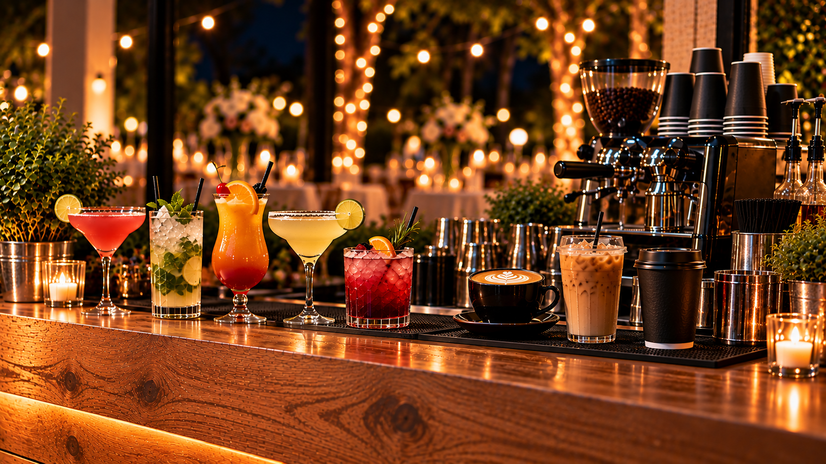 Mobile drinks bar hire in Johannesburg serving cocktails and barista-made coffee at an evening event