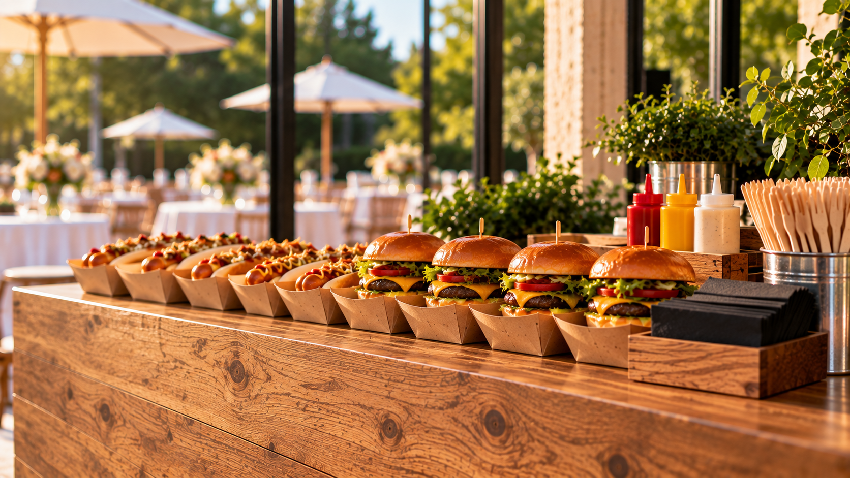 Mobile food bar hire in Johannesburg serving hamburgers and hot dogs in takeaway trays